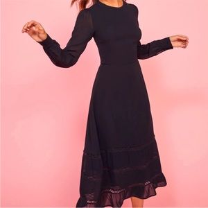 Reformation Valerie in Black Long Sleeve Lace Trim Hem Midi Dress